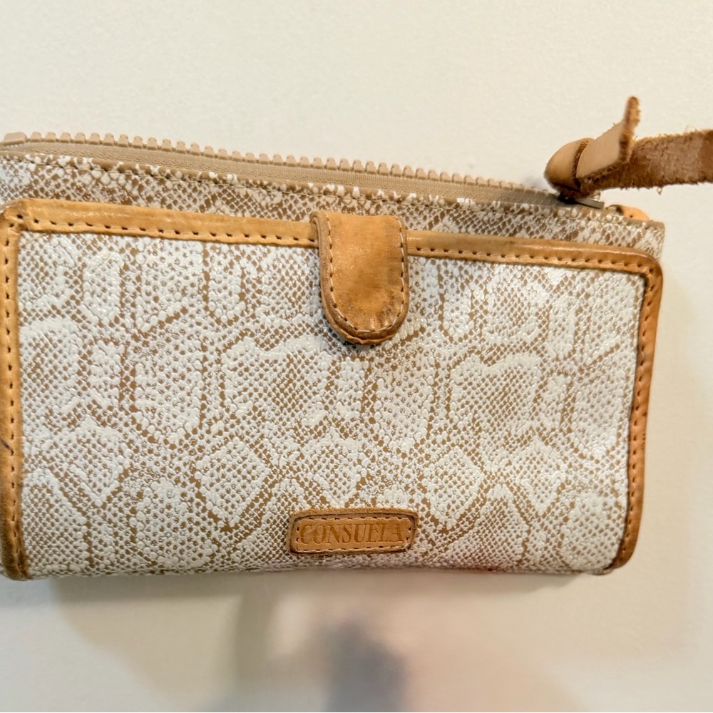 Consuela Beige and Tan Patterned Wristlet Clutch